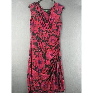 Lauren Ralph Lauren Faux Wrap Dress Size 6 Red Black Floral Ruched Waist
